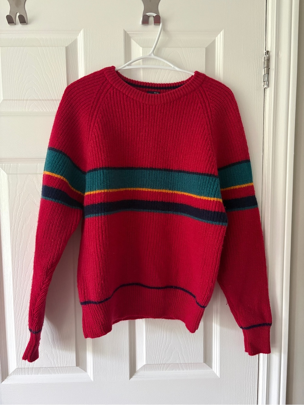 Gant Red Crewneck Sweater with Green, Navy and Yellow Stripes